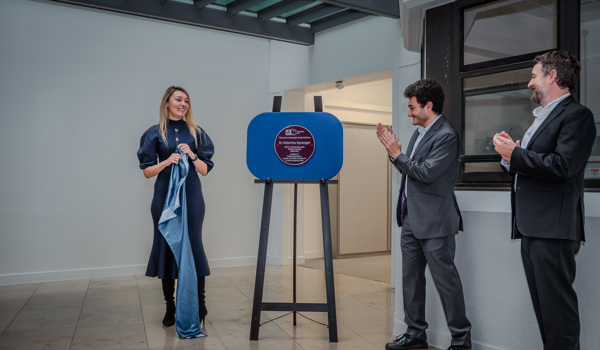 Dr Katerina Spranger, UKRI's Jonathan Grinbaud, and Head of Department Clive Siviour unveiling the new plaque