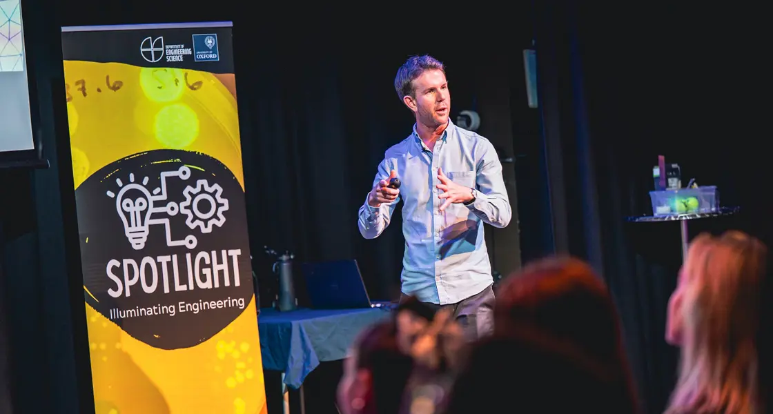 Dr Danny Coles takes part in Spotlight Engineering public engagement event at the Old Fire Station in Oxford, April 2025